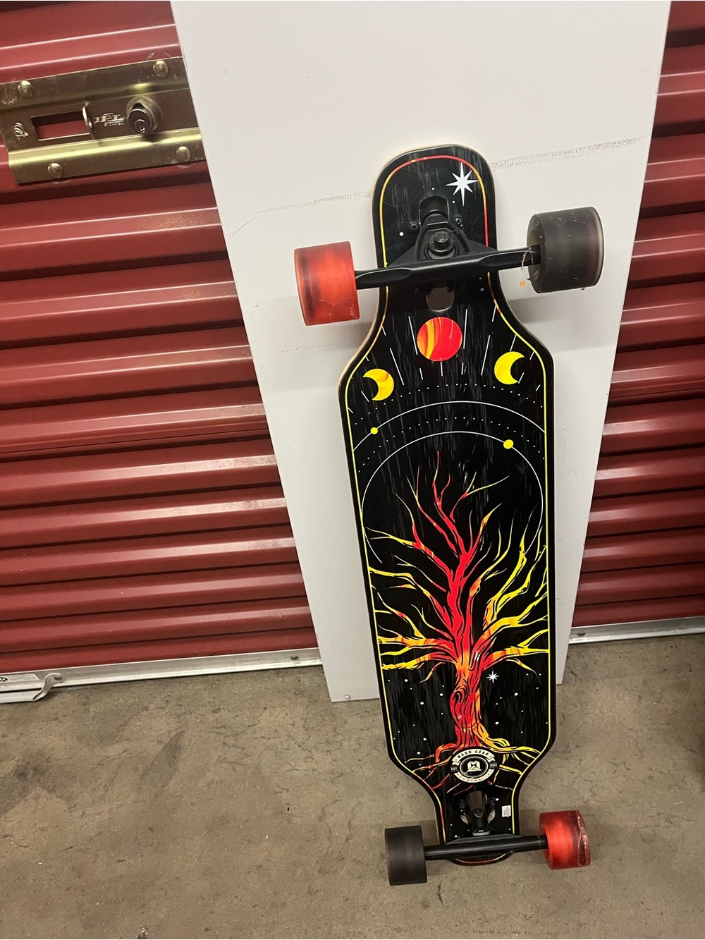 Black Longboard Deck with Red & Yellow Flame Tree Graphic
